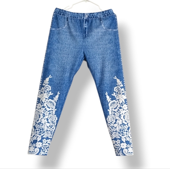 Pants - Faux Crochet Jeggings Denim Look Legging Floral Stretchy Casual Plus Bohemian 1X